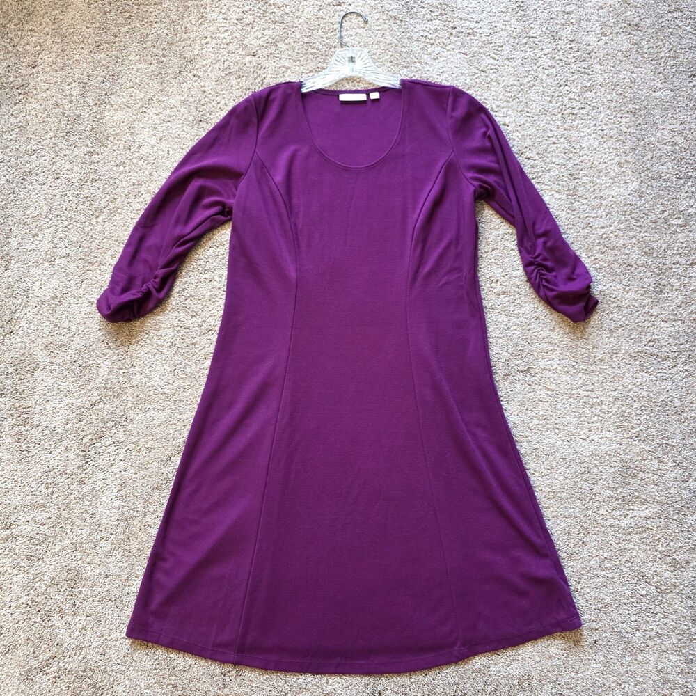 Susan Graver Ponte Knit Swing Dress M Purple 3/4 Ruched Sleeve A-Line A225229
